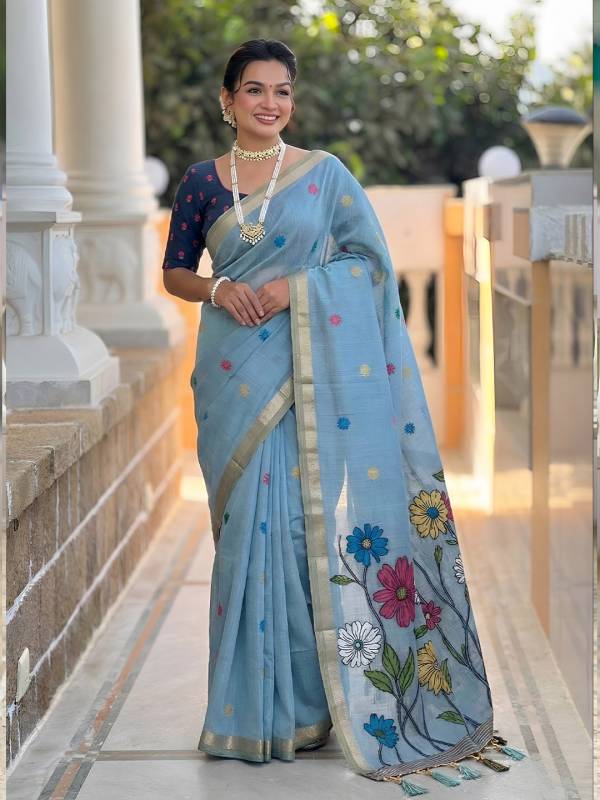 Golden Ivory Hand Block Printed Georgette Cotton Saree