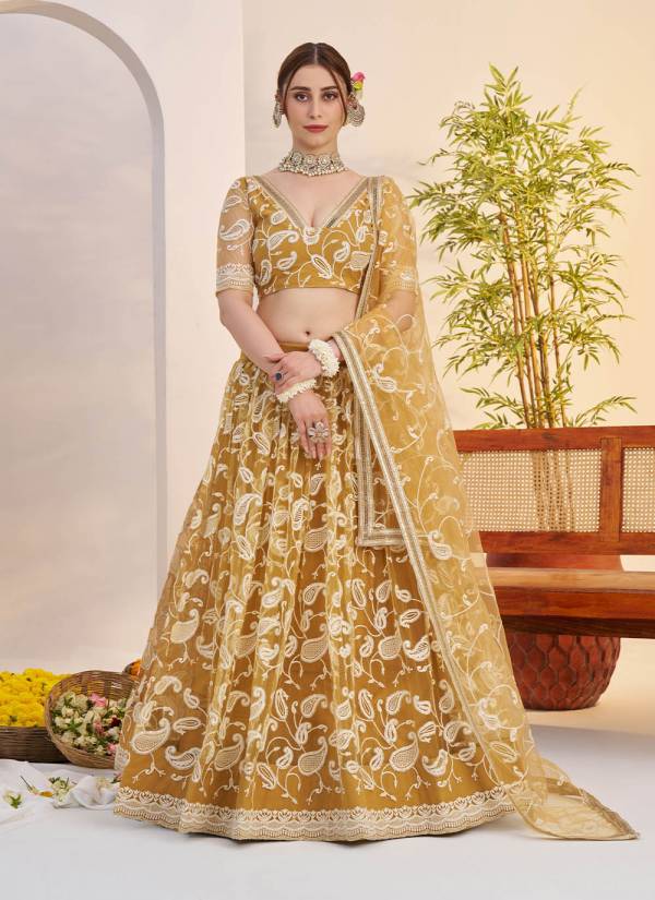 Golden Ivory Kundan Work Velvet Wedding Lehenga