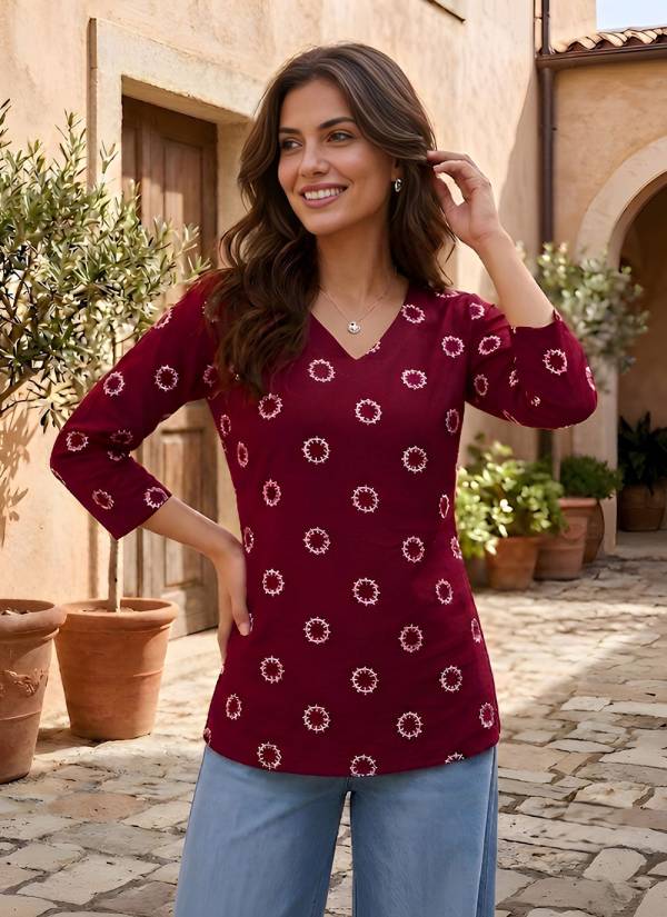 Purple Velvet Resham Thread Rayon Printed Kurti