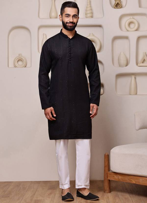Silver Grey Resham Thread Cotton Mens Kurta