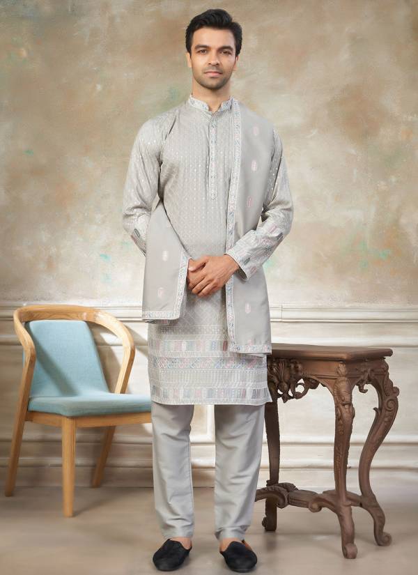 Coral Peach Thread Embroidered Khadi Indo Western Mens Outfit