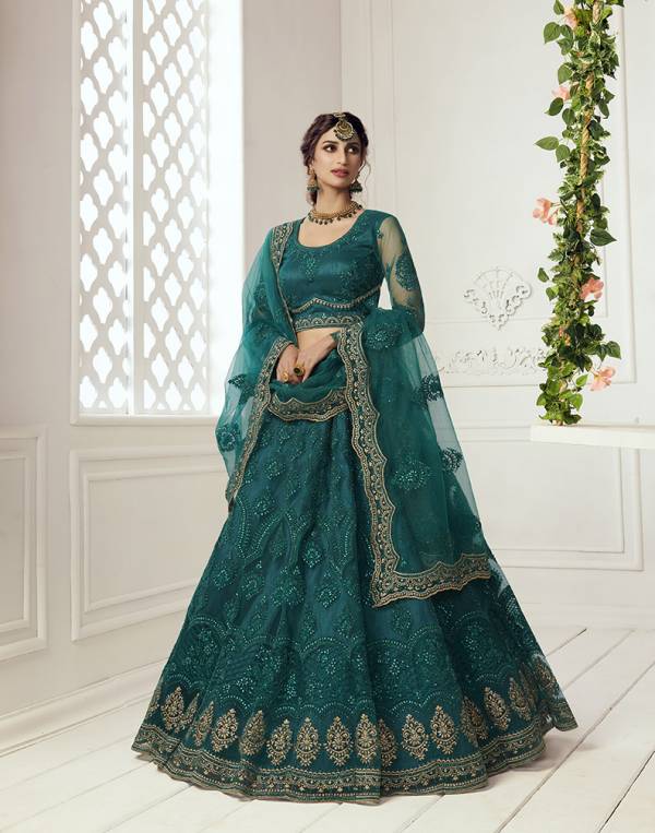 Teal Blue Zardozi Embellished Tissue Silk Designer Lehenga
