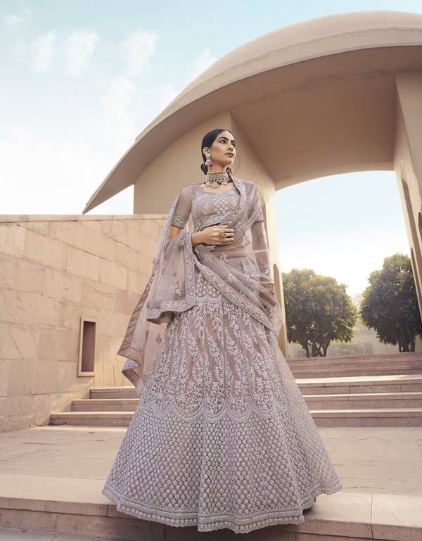 Silver Grey Kundan Work Satin Party Wear Lehenga