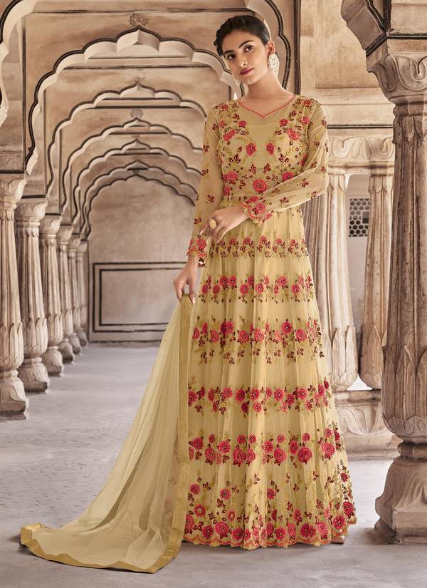 Mustard Yellow Sequence Work Lycra Net Indo Western Gown