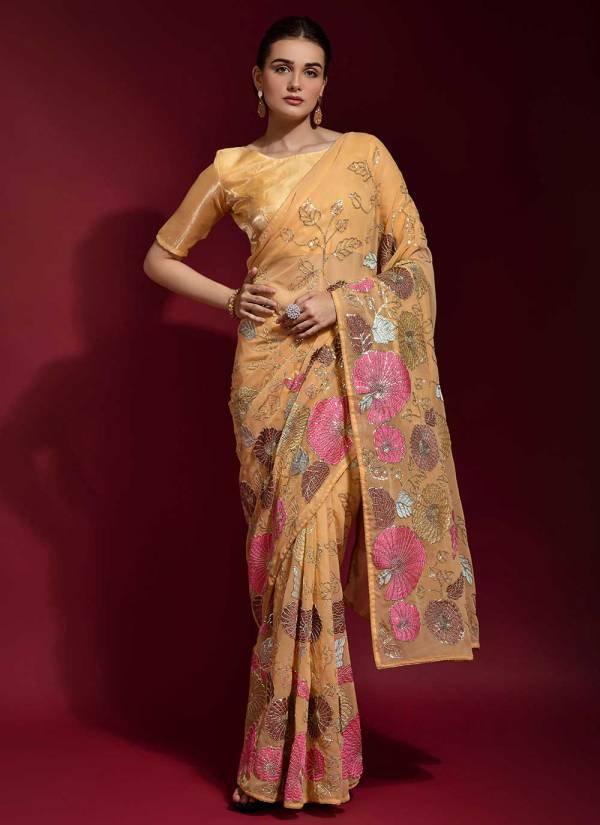 Coral Peach Thread Embroidered Crepe Silk Saree