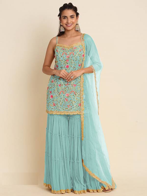 Burnt Orange Hand Block Printed Georgette 3 Piece Pakistani Suit