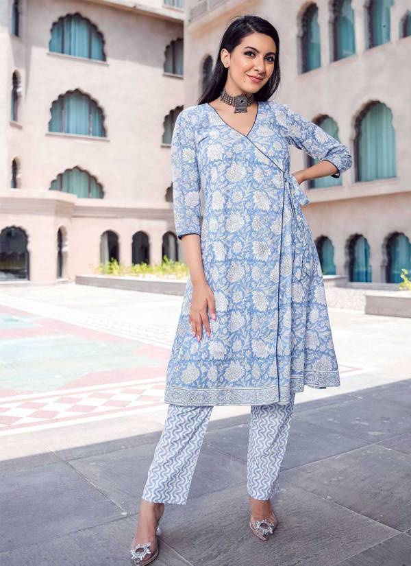Royal Blue Thread Embroidered Chiffon Cotton Kurti