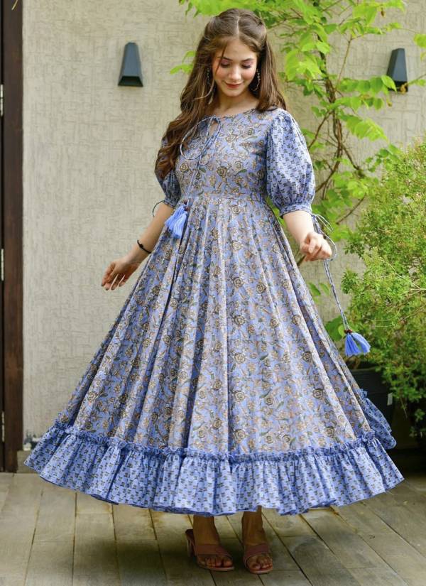 Powder Blue Thread Embroidered Cotton Anarkali Kurti