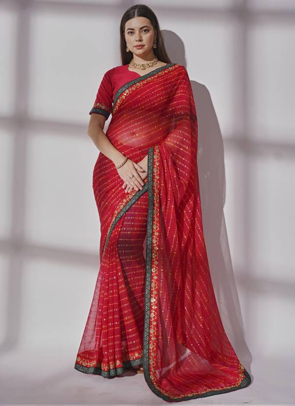Rani Pink Thread Embroidered Net Printed Saree