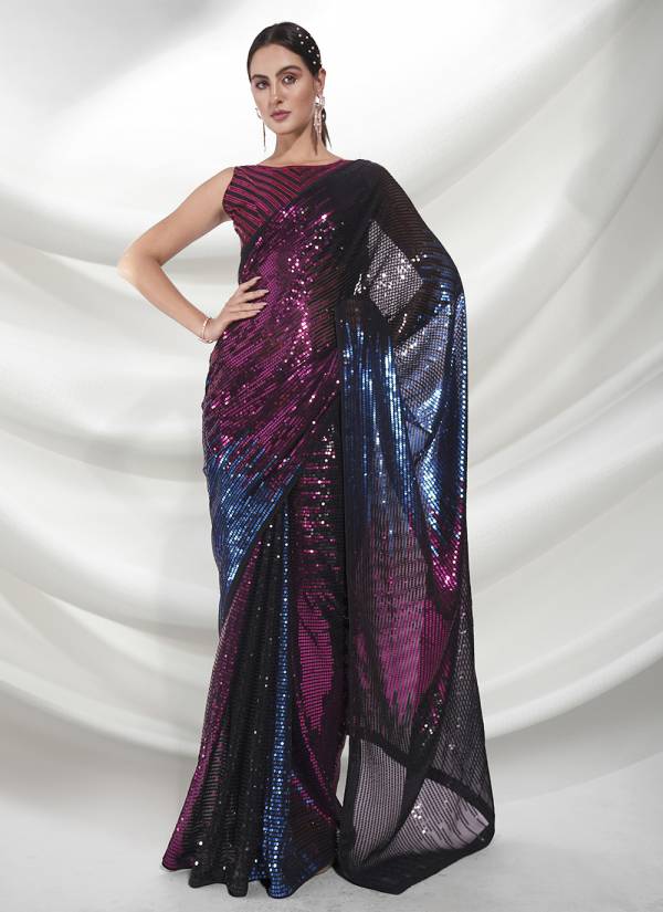 Sea Green Thread Embroidered Chiffon Wedding Saree