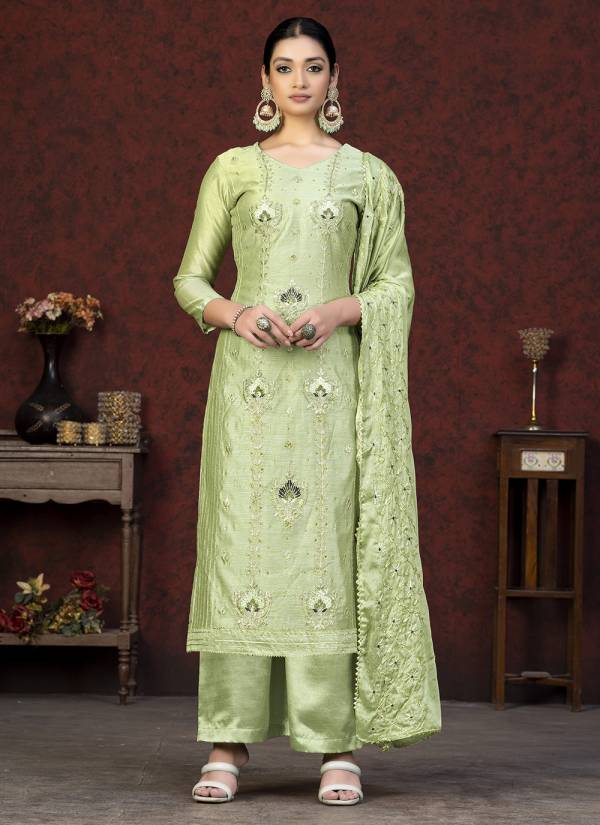 Champagne Gold Thread Embroidered Silk Blend Printed Suit
