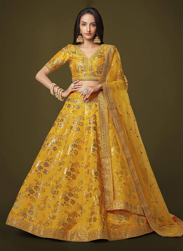 Mustard Yellow Kundan Work Velvet Indo Western Lehenga