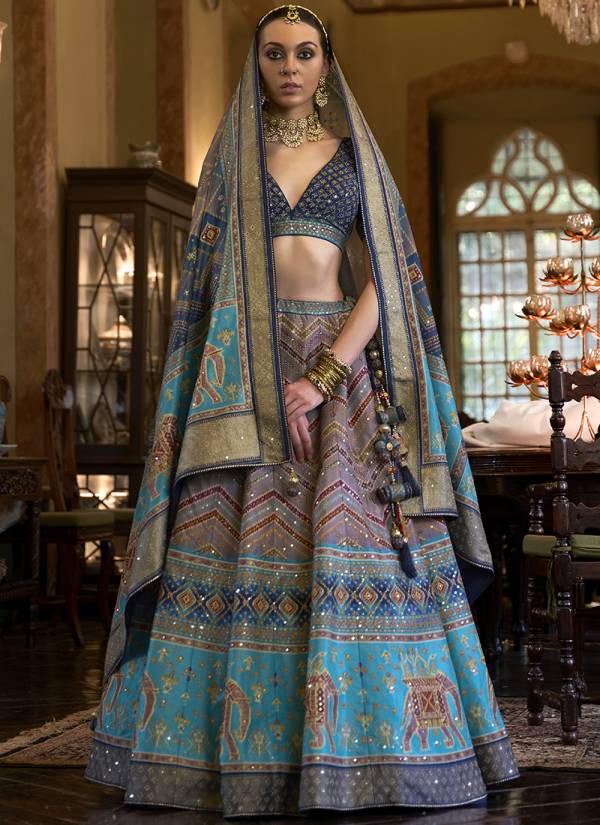Lavender Digital Printed Brocade Wedding Lehenga