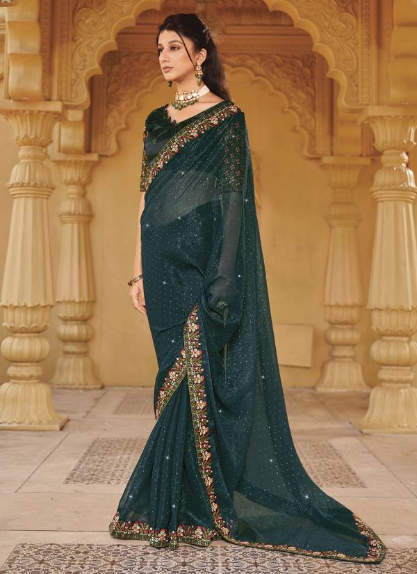 Magenta Stone Work Net Designer Saree