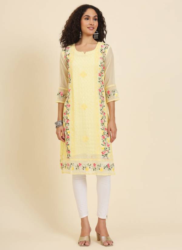 Coral Peach Thread Embroidered Crepe Long Kurti