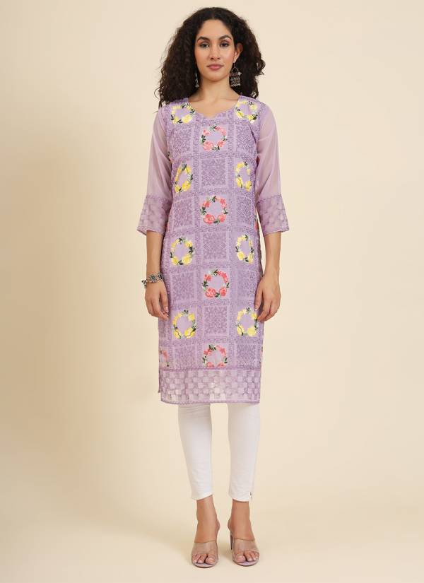 Off White Hand Block Printed Georgette Long Kurti