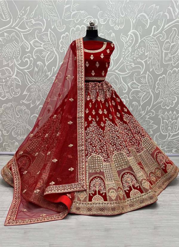 Emerald Green Kundan Work Velvet Lehenga Choli