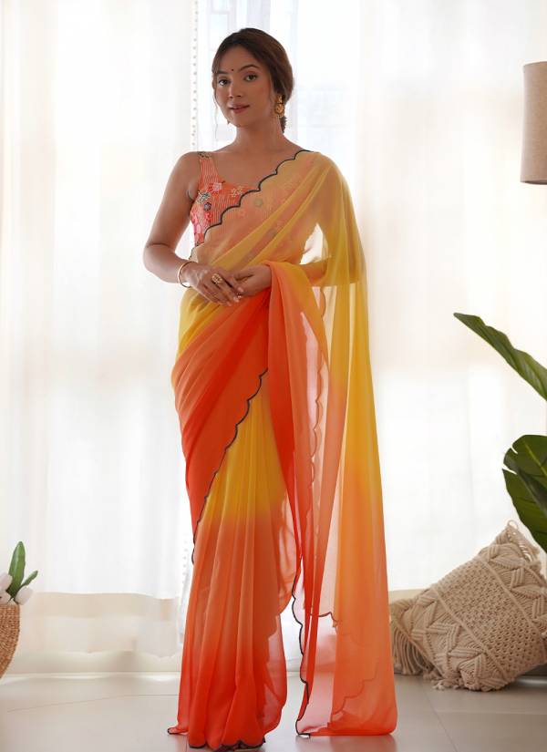 Burnt Orange Stone Work Banarasi Silk Georgette Saree