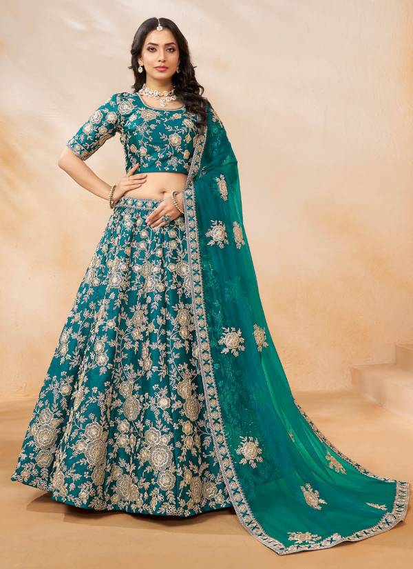 Emerald Green Digital Printed Raw Silk Indo Western Lehenga