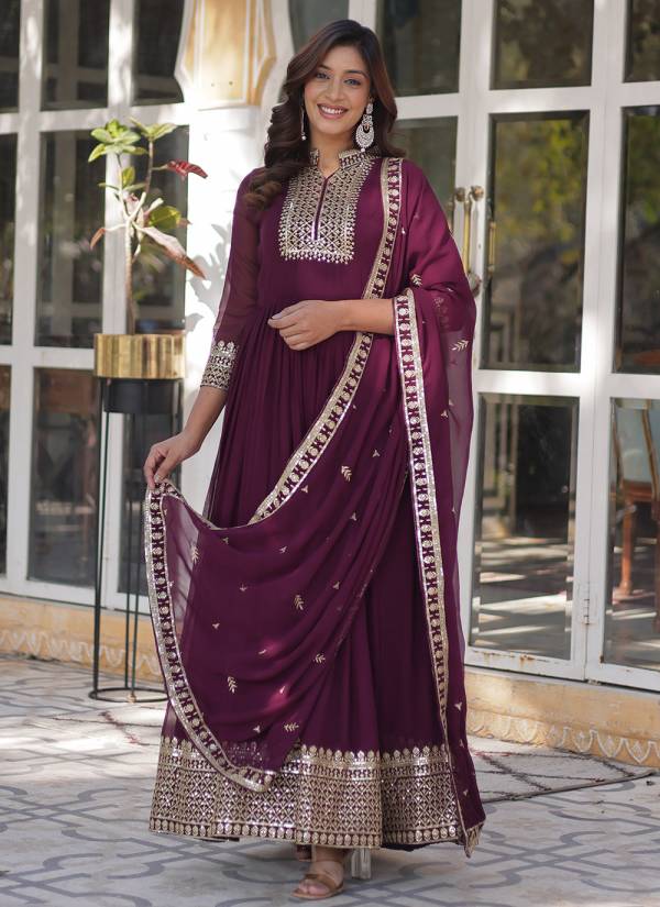 Purple Velvet Kundan Work Tissue Wedding Gown