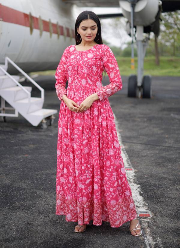Rani Pink Zardozi Embellished Crepe Party Wear Gown