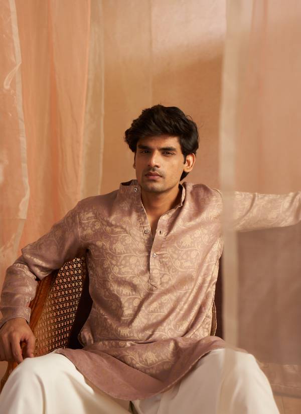 Olive Green Zari Woven Chanderi Mens Kurta