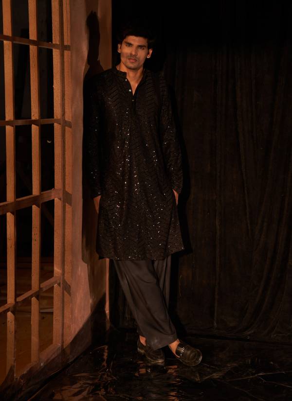 Midnight Black Hand Block Printed Silk Blend Indo Western Mens Outfit