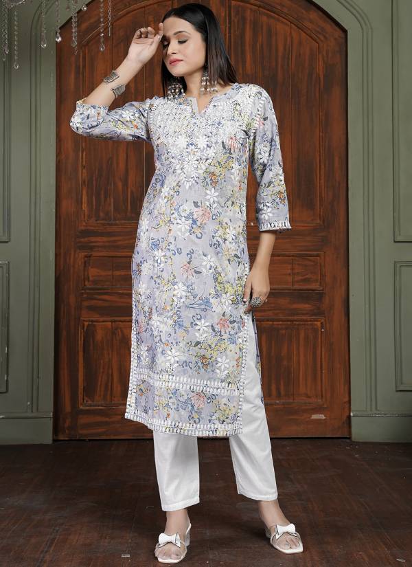 Champagne Gold Thread Embroidered Muslin Rayon Kurti