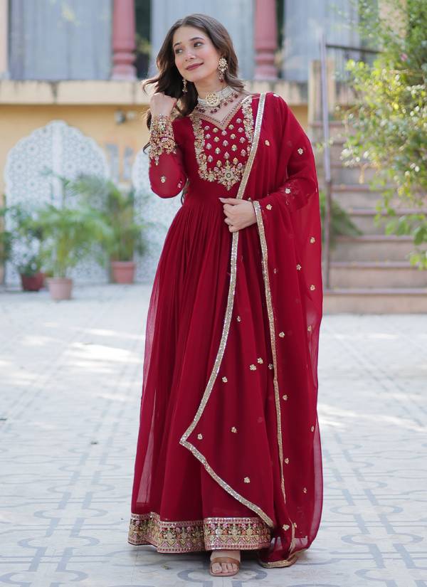 Deep Maroon Sequence Work Lycra Net Designer Gown