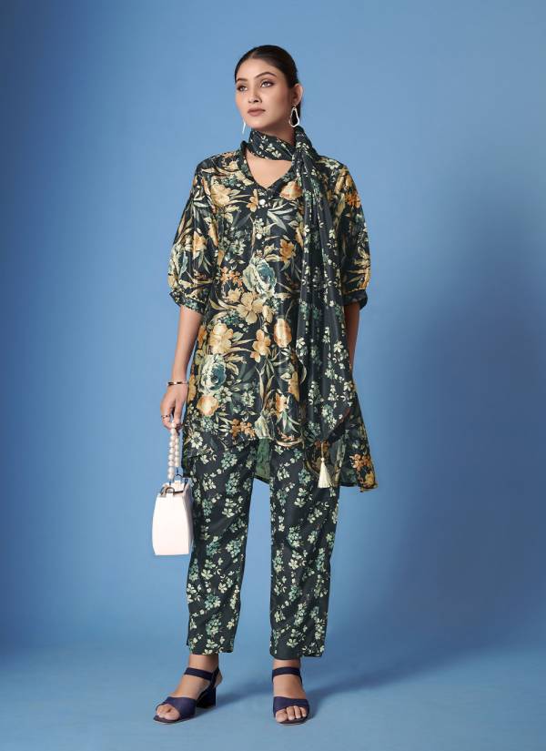 Olive Green Thread Embroidered Muslin Printed Kurti