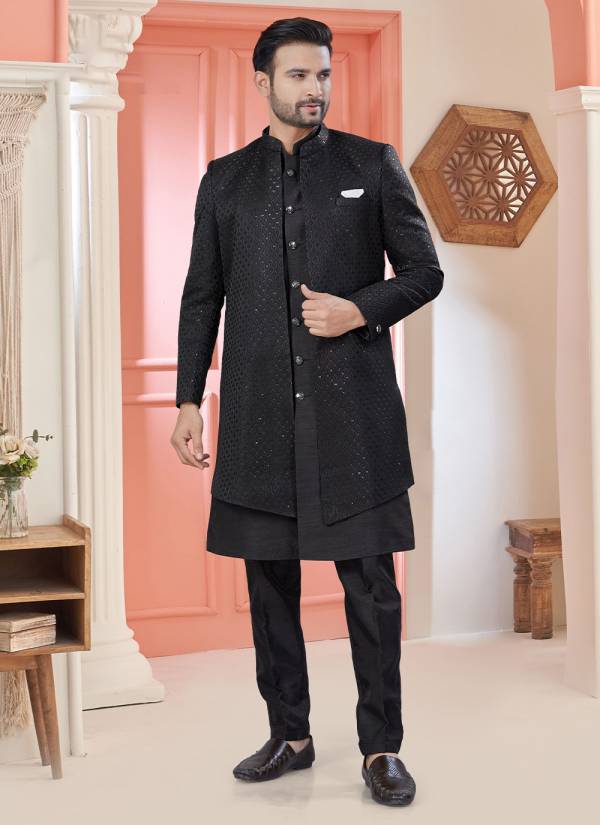Olive Green Zari Woven Cotton Indo Western Mens Outfit