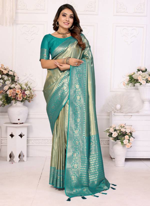 Golden Ivory Hand Block Printed Banarasi Silk Designer Saree