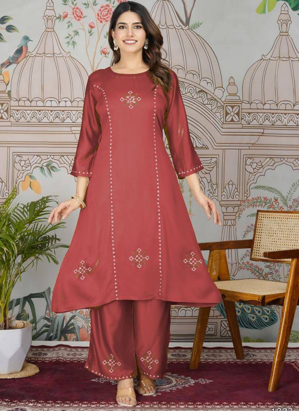 Wine Red Stone Work Rayon Cotton Kurti