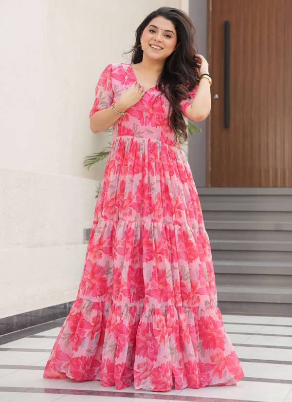 Coral Peach Zardozi Embellished Tissue Evening Gown