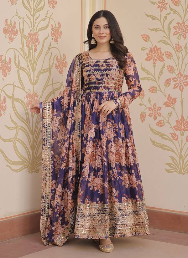 Golden Ivory Digital Printed Satin Party Wear Gown