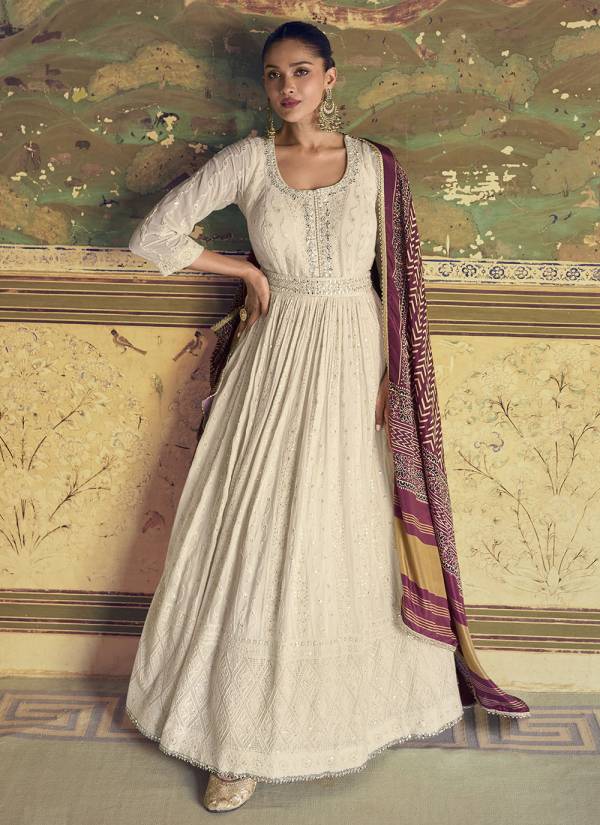 Off White Hand Block Printed Georgette 2 Piece Pakistani Suit