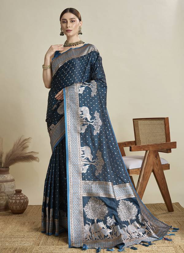 Midnight Black Hand Block Printed Georgette Banarasi Silk Saree