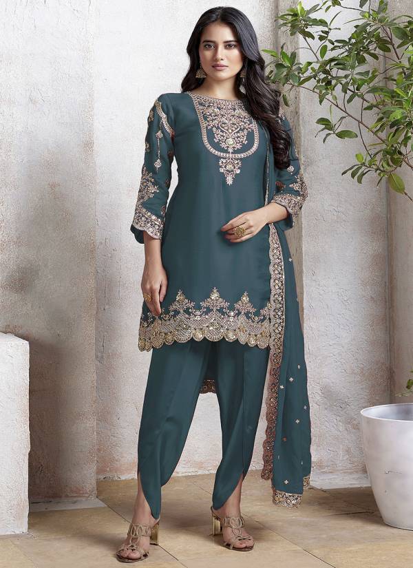Emerald Green Hand Block Printed Art Silk Designer Suit Set