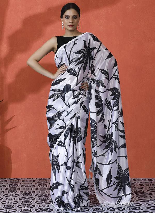 Silver Grey Thread Embroidered Velvet Silk Saree