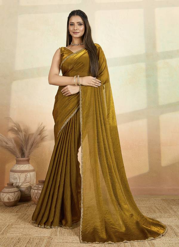 Mustard Yellow Resham Thread Georgette Banarasi Silk Saree