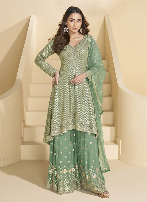 Champagne Gold Thread Embroidered Silk Blend Punjabi Suit