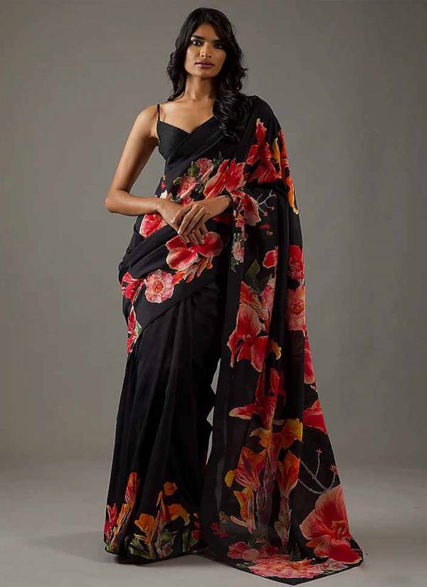 Golden Ivory Hand Block Printed Georgette Banarasi Silk Saree