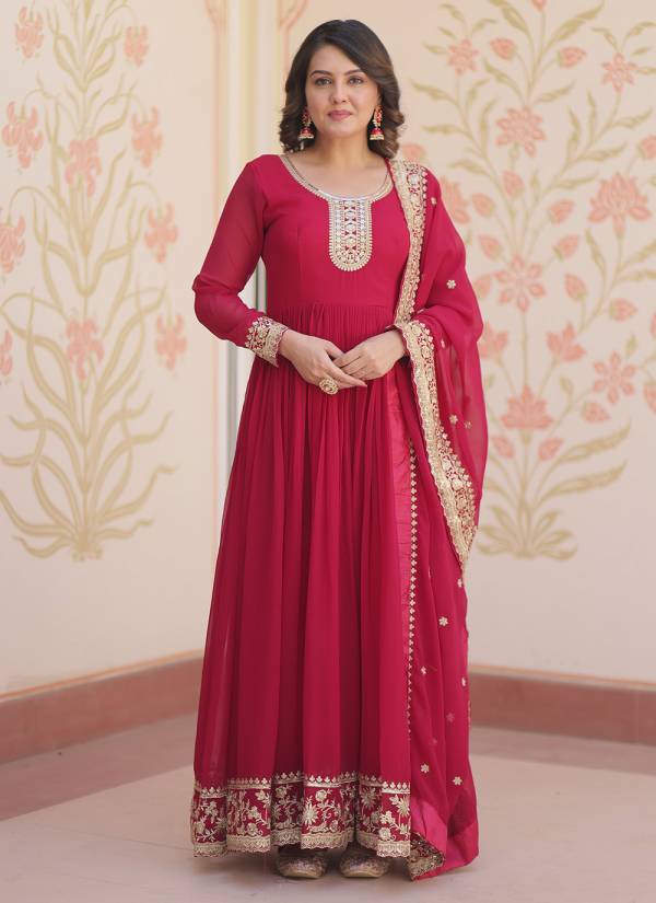 Coral Peach Kundan Work Velvet Anarkali Gown