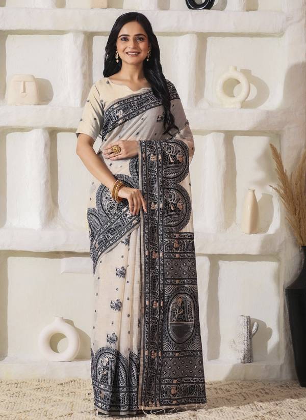 Classic Beige Resham Thread Art Silk Cotton Saree